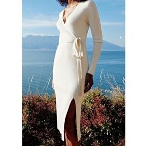 LILYSILK Silk Knit Wrap Dress Small White Ivory Midi Tie Waist Luxury